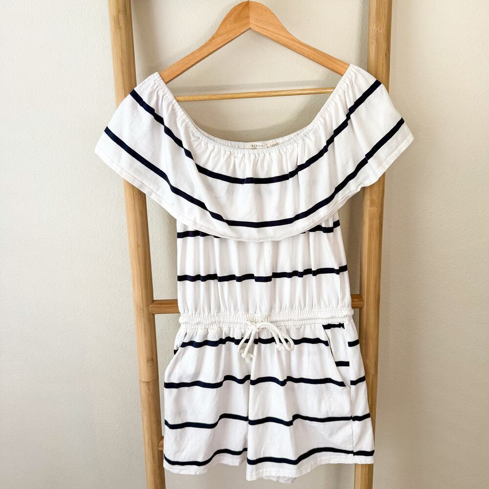 Ellison Off Shoulder Striped Romper White Black Size Medium